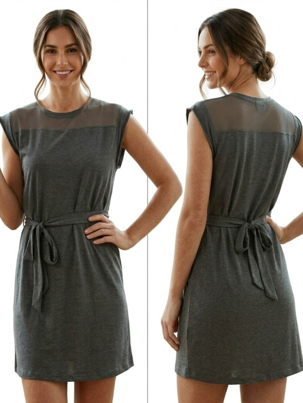 GREY STATE Charcoal Grey Mesh Waist-Tie Mini Dress